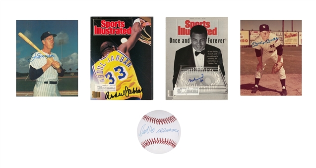 Lot of (5) Hall of Famers Signed Multi-Sport Collection Including Mickey Mantle, Joe DiMaggio, Ted Williams, Muhammad Ali and Kareem Abdul-Jabbar (JSA Auction LOA)